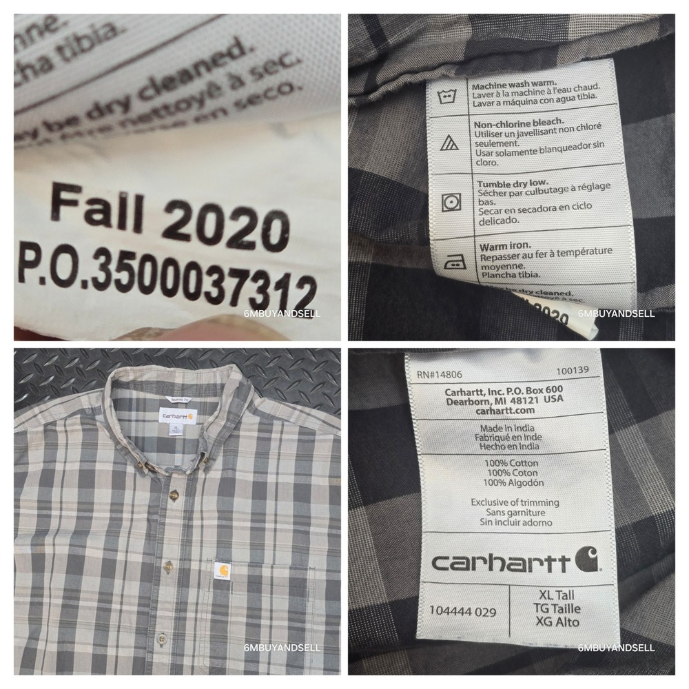 Carhartt Mens XL Tall Relaxed Fit Plaid Button Down Shirt Gray Tan 104444 029 - Picture 8 of 14